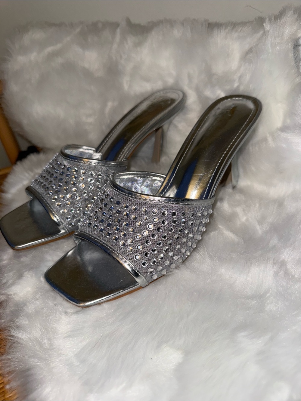 Silver Rhinestone Slide Heels - Women's Dress Mules- Nicole Miller